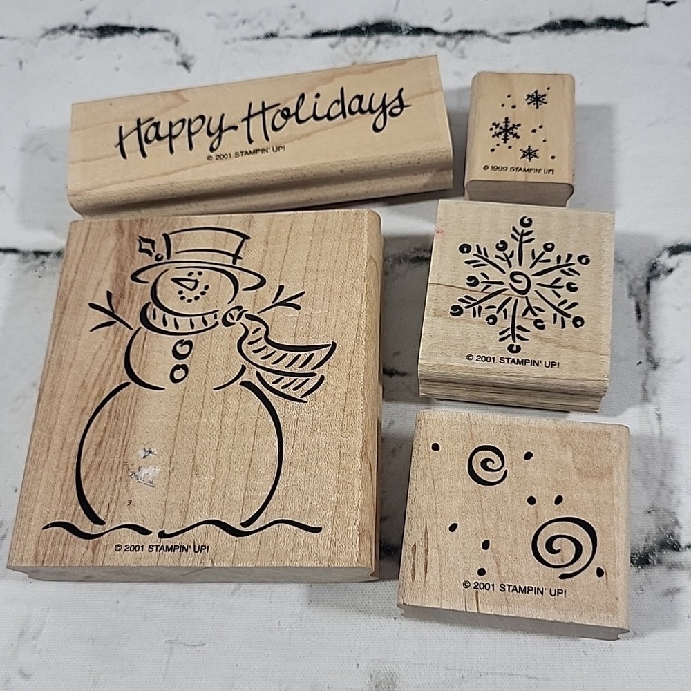 Vintage Stampin Up Rubber Stamps Christmas Lot Of 5 Snowman Snowflakes